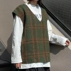 グリーン チェック柄ニットベスト Mサイズ