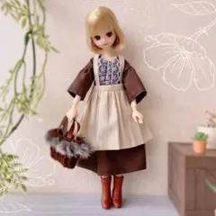 4点セット◆22cmドール服◆チョコカラーワンピセット（ダークブラウンバッグ）