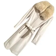 アイボリー ファー襟 ロングコート 38 M アンゴラ&ウール製