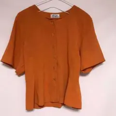 古着 ビンテージ ノーカラー 半袖 ブラウス 薄手 オレンジ ポリエステル