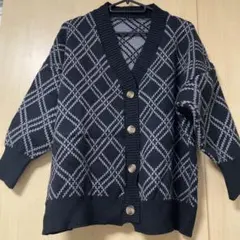 ネイビー グレー ダイヤモンドパターン カーディガン