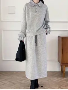 ABITOKYO ストライプドッキングポロ襟スカートセットアップ