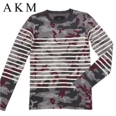 【美品】AKM ボーダー カモ クルーネック ニット カモ柄