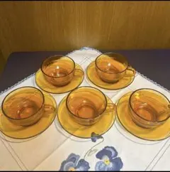 ヴィンテージ ADELEX アデリア ティーカップ&ソーサー 5客琥珀色 レトロ