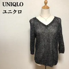 UNIQLO ユニクロ リネンメッシュVネックセーター L ブラック 七分袖