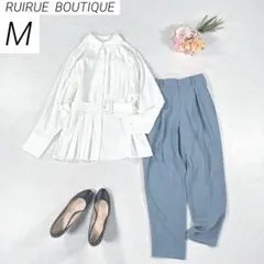 ルイルエ　プリーツロングシャツ＆パンツセットアップ　通勤　オフィス　白ブルー　M