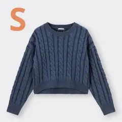 【GU】ケーブルクルーネックセーター クロップド ブルー S