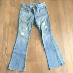 CAMELROADのターコイズブルー　フレアデニム　ダメージ加工 ブーツカットのサムネイル