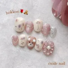 ネイルチップ ニュアンス ぷっくりフラワー 小花柄 ほっこり くま 淡色 韓国のサムネイル