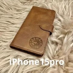 iPhone15pro 手帳型スマホケース　レザー　茶　柴犬ロゴ　シンプル