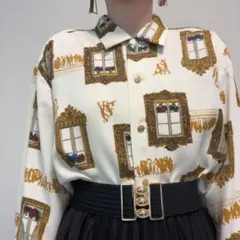 オフホワイト ヨーロピアン 窓 とろみ ヴィンテージ 古着 柄シャツ