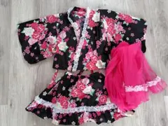 花柄浴衣ドレス（黒・ピンク）　110cm