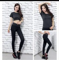ヨガ スポーツ ウェア 4点セット パンツ レギンス シャツ ブラ M L