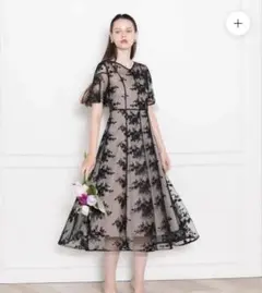 【LEJA】配色パイピングプチハイネック花柄刺繍ラメレースロング丈ドレス　S