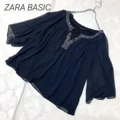 ZARA BASIC 刺繍　スパンコールブラウス　ブラック　シースルー　L 夏