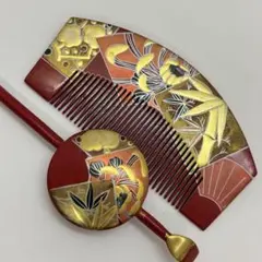 091003 木製　螺鈿金蒔絵　扇　松竹梅　櫛　平打ち　かんざし