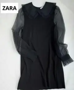 ZARA 異素材MIX シアー パフスリーブワンピース ブラック