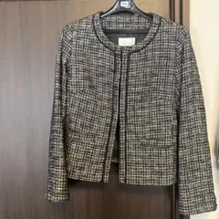 index ノーカラージャケットスカートスーツ L 黒白ツイード