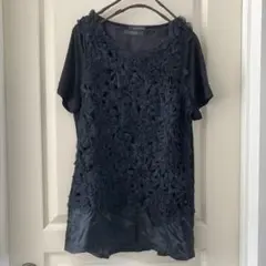 美品CRESCENTクレッシェント✨黒ブラック花チュール編みサテン半袖ブラウスM