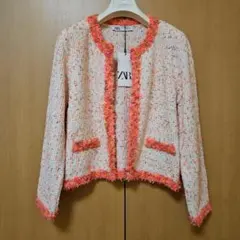 ZARA ノーカラー　ジャケット　カーディガン 　ミックス　ツィードニット