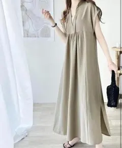 【E22】ベージュ 綿100% ロングワンピース マキシ丈 体型カバー