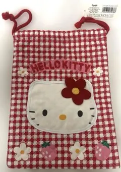 新品　平成レトロ　HELLO KITTY キルティング巾着袋　赤チェック