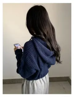 anood ネイビー フード付き ニットセーター