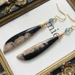 14kgf ティールサファイア　パームルートアゲート　パームフォッシル　ピアス