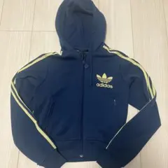 adidas ジップアップパーカー ショート丈 クロップド丈 ネイビー×イエロー