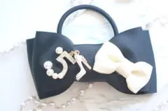 パールとビジューゴールド5番 ハイヒール リボン ヘアゴム シャネルストーン可