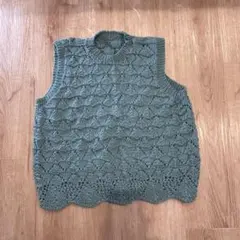 ハンドメイド 一点物 ニットベスト ブルーグリーン スカラップ編み レトロのサムネイル