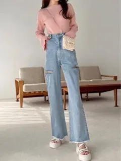 GRL サイドスリットダメージデニムワイドパンツ gm694