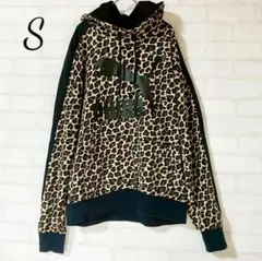 プーマ ヒョウ柄 ロゴ入り フード付き 長袖パーカー ブラック S