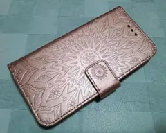 手帳型 iphone12/12pro ケース 浮彫エスニック柄 ピンクゴールド