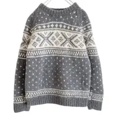 海外古着 ハンドニット 裏フリース 総柄 ノルディック柄 ウール 長袖 ニット