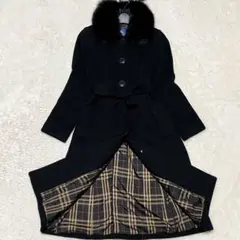 美品　バーバリーブルーレーベル　ロングコート　アンゴラ　ノバチェック　ファー　黒