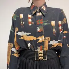 黒 ブラック系 アート柄 ヴィンテージ 古着 柄シャツ ユニセックス 比翼ボタン