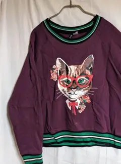 お値下げ　Ｈ＆M 秋冬　猫柄 裏起毛 トレーナー ゆったりLサイズ　ボルドー
