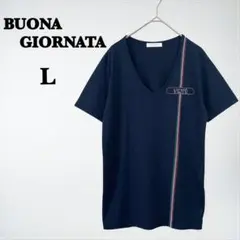 【ボナジョルナータ】ネイビー Vネック Tシャツ（L）半袖 ユニセックス