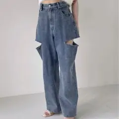 美品Heather ヘザー サイドスリットハイウエストデニムパンツMダメージ加工