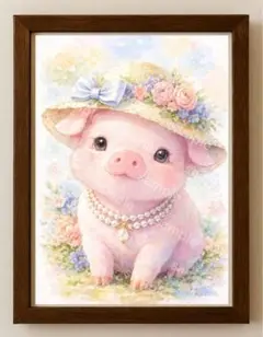 【水彩画アート】花飾りの子ぶた 2L版写真用紙