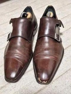 ダークブラウン レザーダブルモンクシューズ　マグナーニ　MAGNANNI