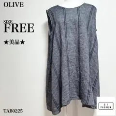 オリーブ チュニック ノースリーブ ストライプ デニム調 ブルーグレー F
