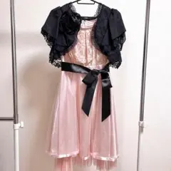 結婚式ピンクドレス＋黒ボレロ＋薔薇コサージュ３点セット♡花柄レース サテンリボン