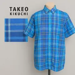 値下げ TAKEO KIKUCHI 青系 チェック 半袖シャツ ボタンダウン