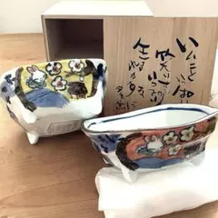 夕立窯、うさぎと花の装飾 陶器の丼 2個セット 夕立窯、うさぎと花の装飾 陶器の丼 2個セット