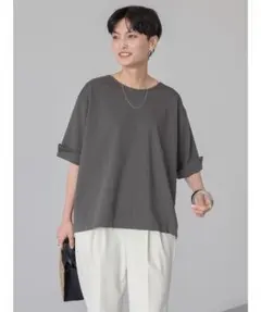 接触冷感バックタック袖折り返しカットプルオーバー　チャコールグレー　トップス