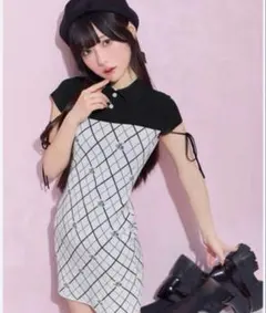 ミシェルマカロン ミシェマカ オープンリボンチェックノースリワンピ