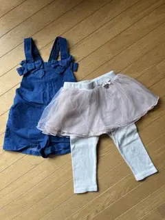 プティマイン　デニムオーバーオール　チュール付レギンス　2点セット　ピンク　90