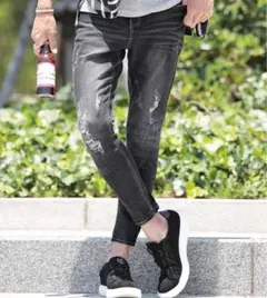 ダメージ加工ダークグレー スキニーデニム